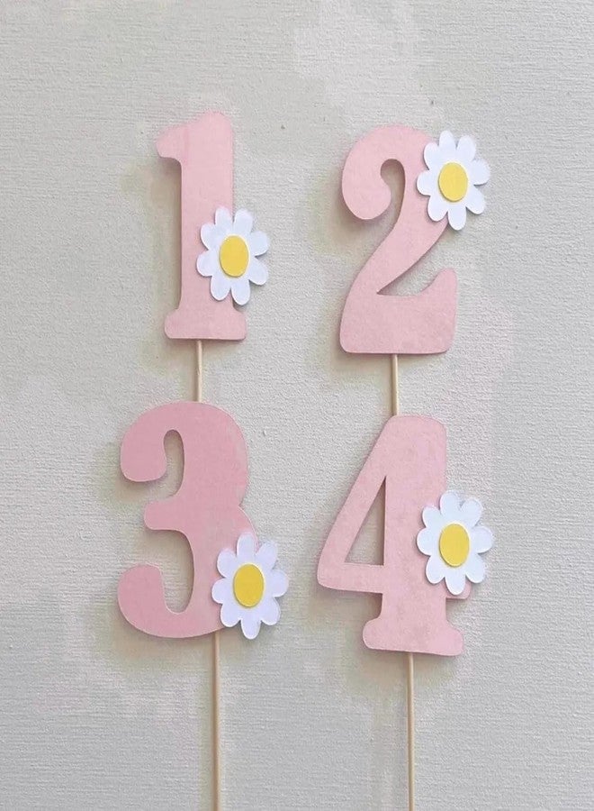 Curious Button Pack of 4 Daisy Number Cake Toppers for 1st Birthday | Pink Pastel Flower Cupcake Topper Paper 2.3 Inch Number | Floral Age Cake Decoration | Paper Topper for Baby Party - Image 1